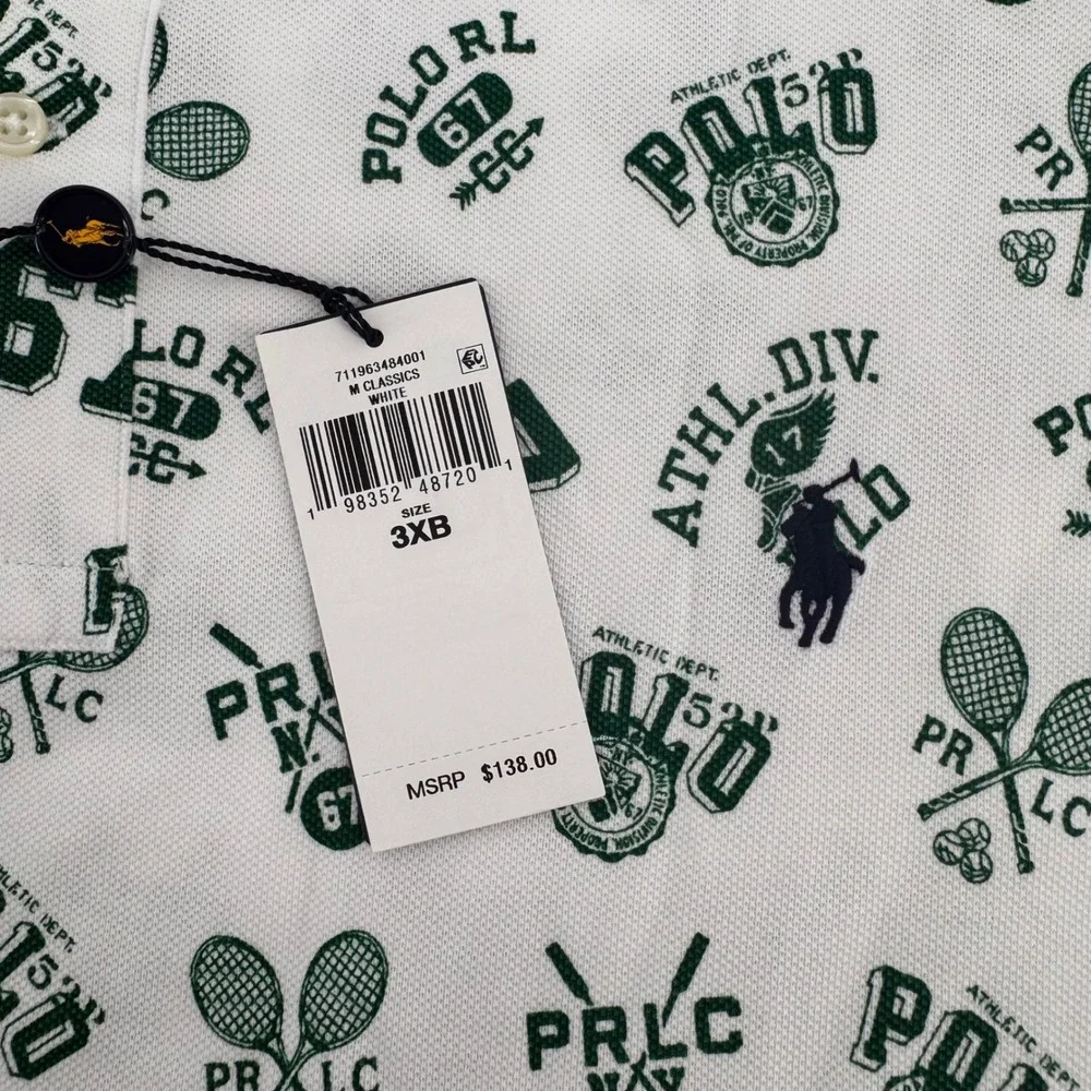 Polo Ralph Lauren Polo Shirt Mens 3XB White Green All Over Tennis Print NWT